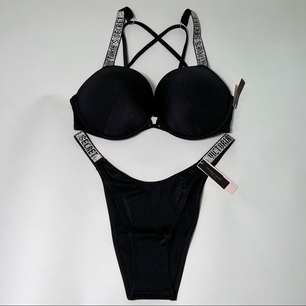 Victoria Secret 32D M Bombshell Push Up Top Bikini Set Shine Strap LOGO Black